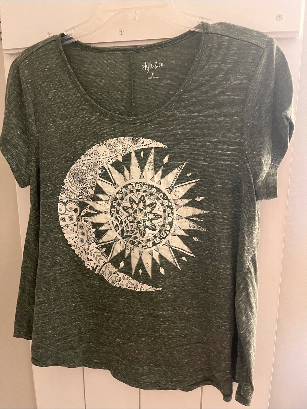 Style & Co. Olive Green Scoop Neck Tee with White Sun & Crescent Graphic
